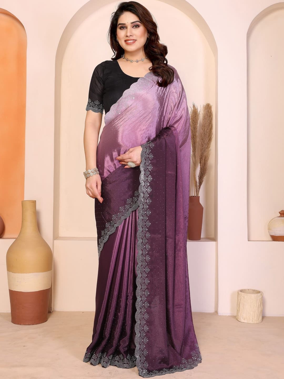 Latest Chinnon Peding saree with beautiful work with blouse Two tone saree | Trendy Party & Festive Wear | Traditional Ethnic Fashion | Buy Online