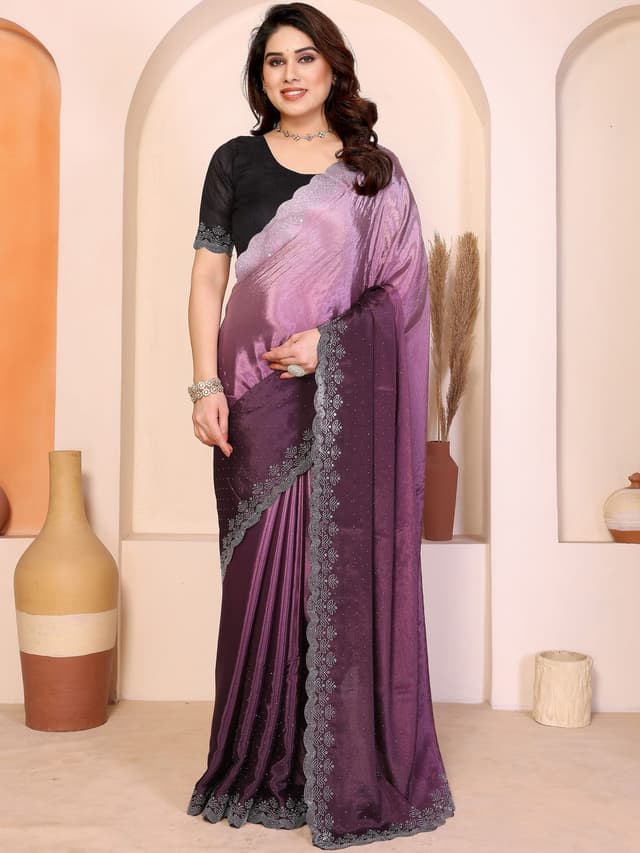 Latest Chinnon Peding saree with beautiful work with blouse Two tone saree | Trendy Party & Festive Wear | Traditional Ethnic Fashion | Buy Online
