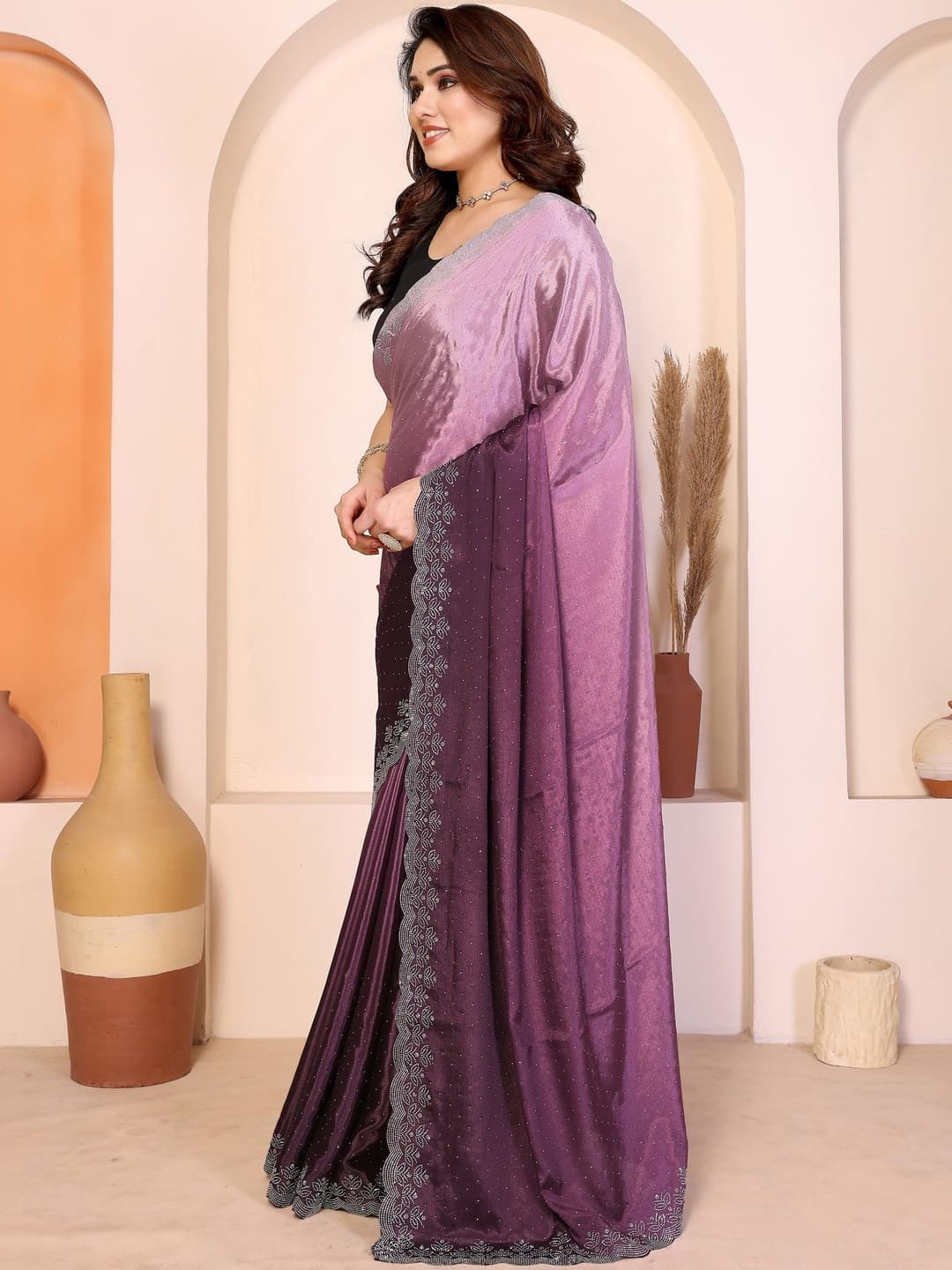 Latest Chinnon Peding saree with beautiful work with blouse Two tone saree | Trendy Party & Festive Wear | Traditional Ethnic Fashion | Buy Online 6