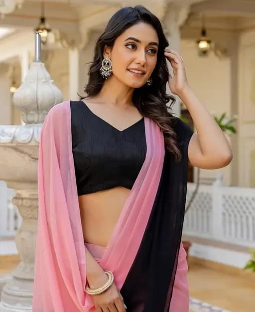 Elegant Georgette fancy Saree for women with unstiched blouse in pink and black color/Trendy Party & Festive Wear | Traditional Ethnic Fashion | Buy Online 2