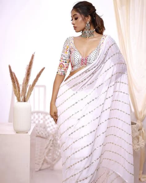 Latest Bollywood Embelished georgette saree with unstiched blouse white color | Trendy Party & Festive Wear | Traditional Ethnic Fashion | Buy Online 3