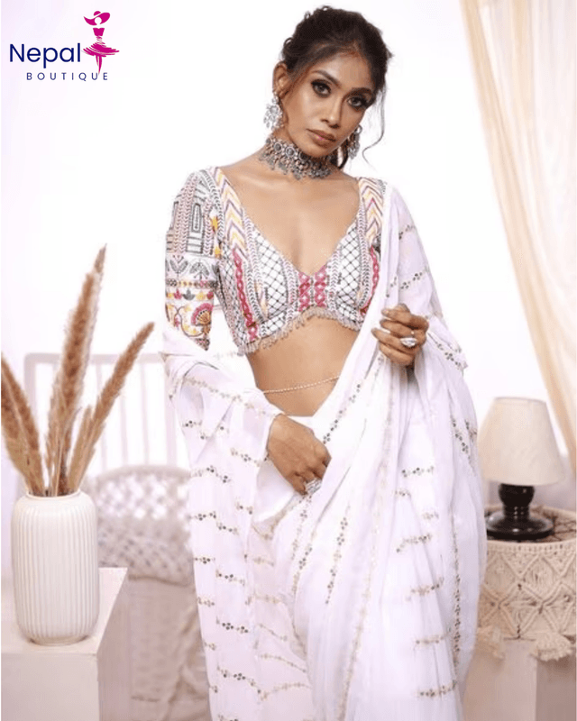Latest Bollywood Embelished georgette saree with unstiched blouse white color | Trendy Party & Festive Wear | Traditional Ethnic Fashion | Buy Online