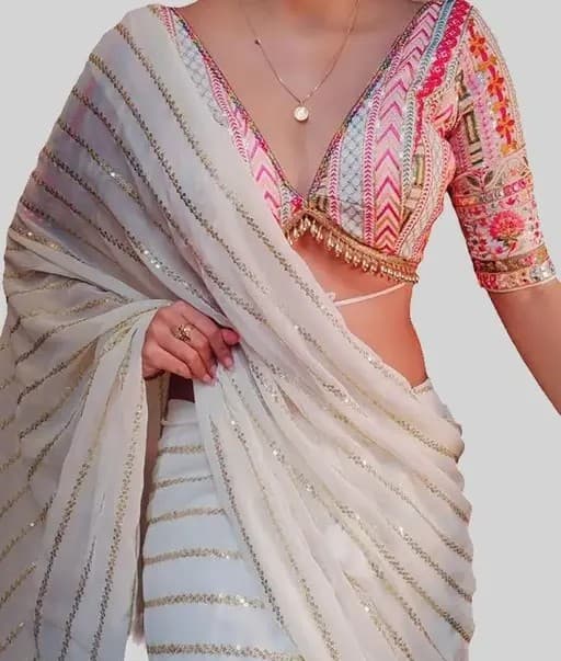Elegant Bollywood Embelished georgette saree with unstiched blouse white color/Trendy Party & Festive Wear | Traditional Ethnic Fashion | Buy Online 4