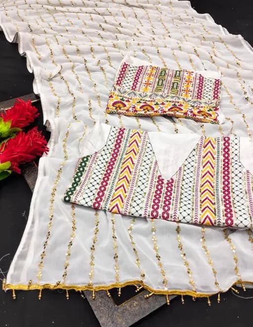 Elegant Bollywood Embelished georgette saree with unstiched blouse white color/Trendy Party & Festive Wear | Traditional Ethnic Fashion | Buy Online 5