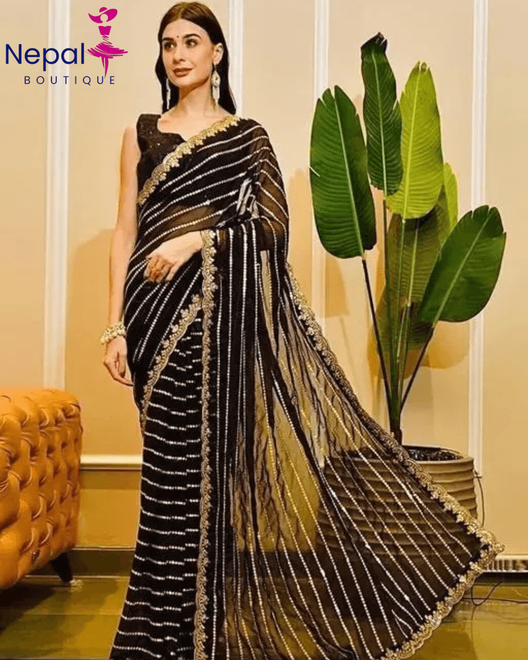 Latest Bollywood Embelished georgette saree with unstiched blouse Black color | Trendy Party & Festive Wear | Traditional Ethnic Fashion | Buy Online