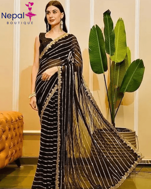 Latest Bollywood Embelished georgette saree with unstiched blouse Black color | Trendy Party & Festive Wear | Traditional Ethnic Fashion | Buy Online