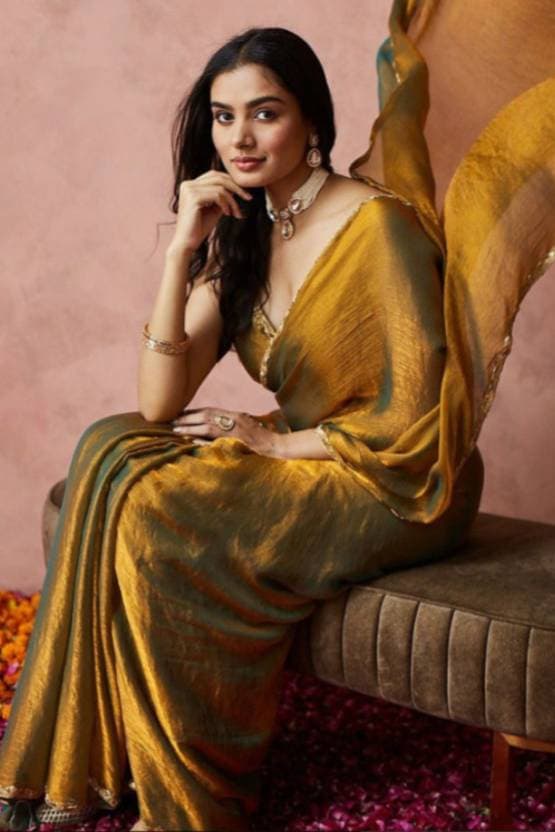 Latest Embelished Bollywood Tissue silk blend saree for women Gold color | Trendy Party & Festive Wear | Traditional Ethnic Fashion | Buy Online 1
