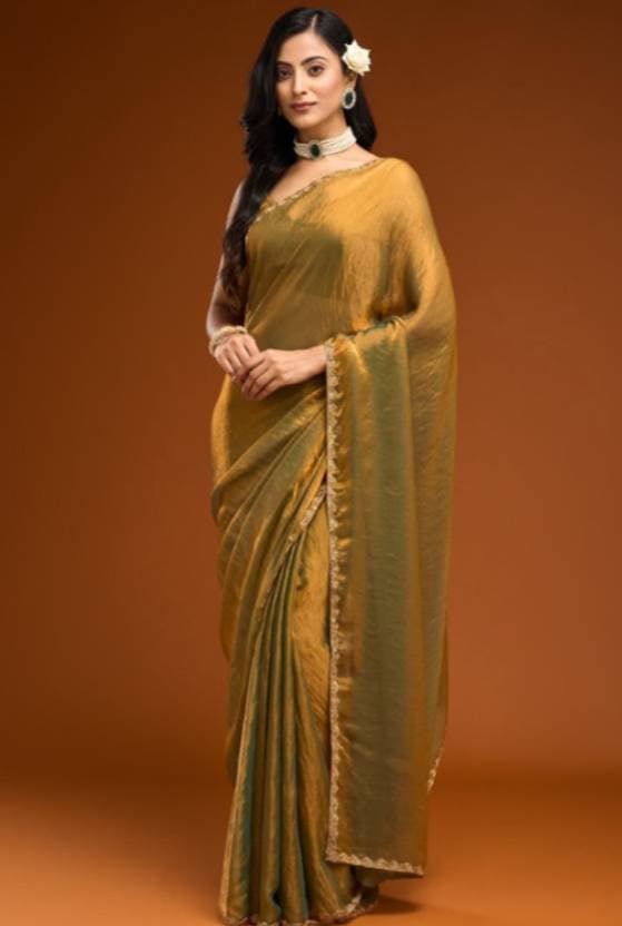 Latest Embelished Bollywood Tissue silk blend saree for women Gold color | Trendy Party & Festive Wear | Traditional Ethnic Fashion | Buy Online 2