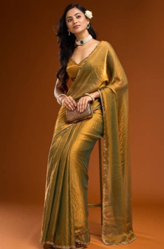 Latest Embelished Bollywood Tissue silk blend saree for women Gold color | Trendy Party & Festive Wear | Traditional Ethnic Fashion | Buy Online 4