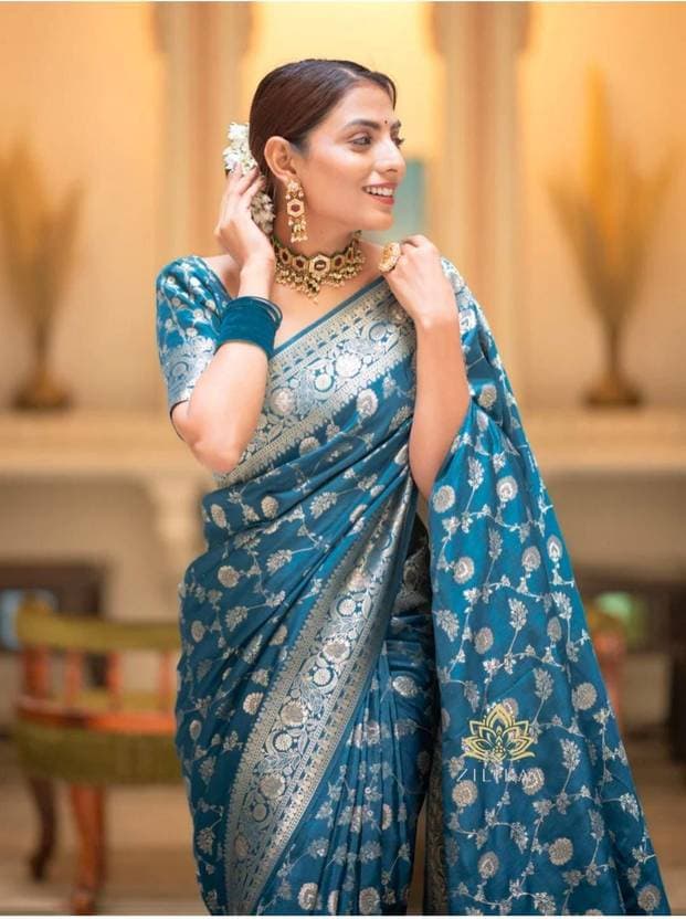Latest Designer Bollywood Woven Banarasi Jacquard, Art Silk Saree Blue Color/  Banarasi kanjiavarm paithani Bengali Bollywood patola litchi cotton silk saree | Trendy Party & Festive Wear | Traditional Ethnic Fashion | Buy Online 3