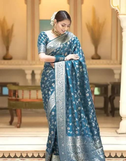 Latest Designer Bollywood Woven Banarasi Jacquard, Art Silk Saree Blue Color/  Banarasi kanjiavarm paithani Bengali Bollywood patola litchi cotton silk saree | Trendy Party & Festive Wear | Traditional Ethnic Fashion | Buy Online 2