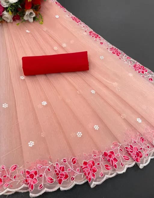Beautiful Super Net Fabric Floral Embroidery work Saree With Blouse in Pink color | Trendy Party & Festive Wear | Traditional Ethnic Fashion | Buy Online 1