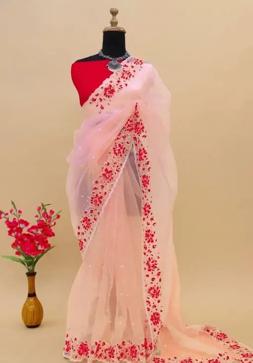 Beautiful Super Net Fabric Floral Embroidery work Saree With Blouse in Pink color | Trendy Party & Festive Wear | Traditional Ethnic Fashion | Buy Online 3
