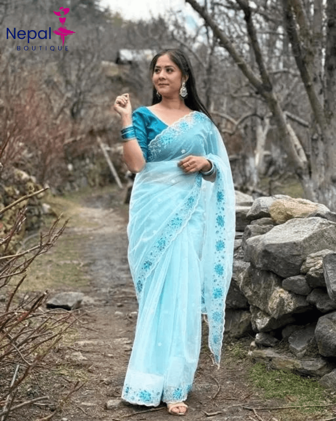 Beautiful Super Net Fabric Floral Embroidery work Saree With Blouse in Blue color | Trendy Party & Festive Wear | Traditional Ethnic Fashion | Buy Online 2