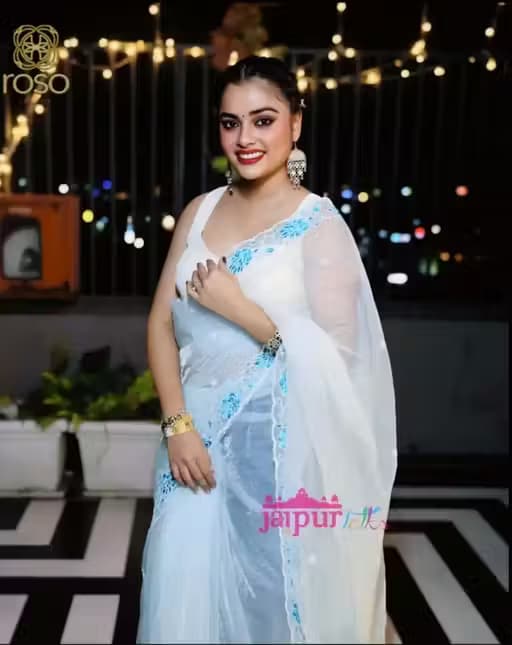 Beautiful Super Net Fabric Floral Embroidery work Saree With Blouse in Blue color | Trendy Party & Festive Wear | Traditional Ethnic Fashion | Buy Online 5
