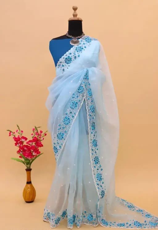 Beautiful Super Net Fabric Floral Embroidery work Saree With Blouse in Blue color | Trendy Party & Festive Wear | Traditional Ethnic Fashion | Buy Online 1
