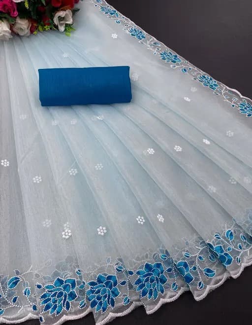 Beautiful Super Net Fabric Floral Embroidery work Saree With Blouse in Blue color | Trendy Party & Festive Wear | Traditional Ethnic Fashion | Buy Online 3