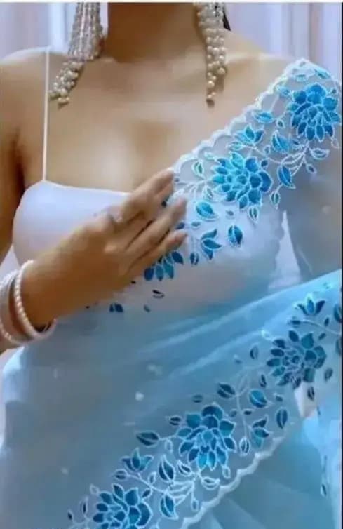 Beautiful Super Net Fabric Floral Embroidery work Saree With Blouse in Blue color | Trendy Party & Festive Wear | Traditional Ethnic Fashion | Buy Online