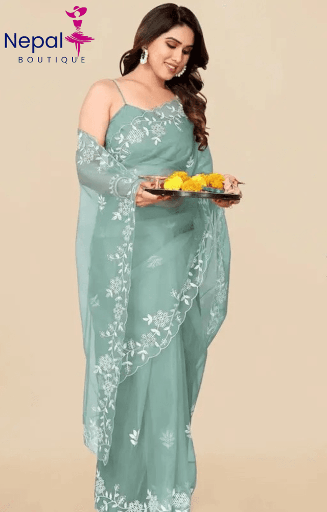 Premium collection Tissue Organza Embroidery work Saree With Blouse for women in Aqua Blue color | Trendy Party & Festive Wear | Traditional Ethnic Fashion | Buy Online