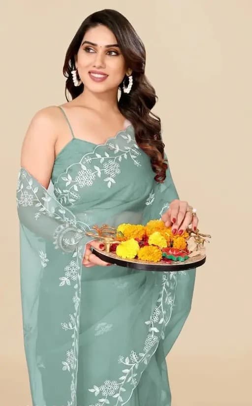 Premium collection Tissue Organza Embroidery work Saree With Blouse for women in Aqua Blue color | Trendy Party & Festive Wear | Traditional Ethnic Fashion | Buy Online 2