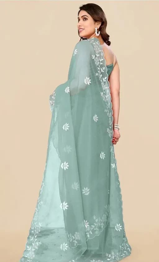 Premium collection Tissue Organza Embroidery work Saree With Blouse for women in Aqua Blue color | Trendy Party & Festive Wear | Traditional Ethnic Fashion | Buy Online 1