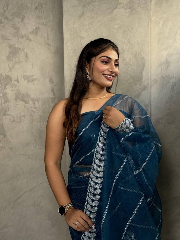 Beautiful Super Net Fabric Floral Embroidery work Saree With Blouse in Blue color | Trendy Party & Festive Wear | Traditional Ethnic Fashion | Buy Online 1