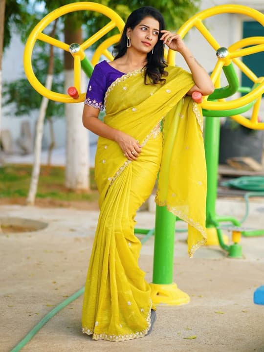 Crunchy Fabric Lemon Yellow saree with Embroidery work with Blouse | Trendy Party & Festive Wear | Traditional Ethnic Fashion | Buy Online
