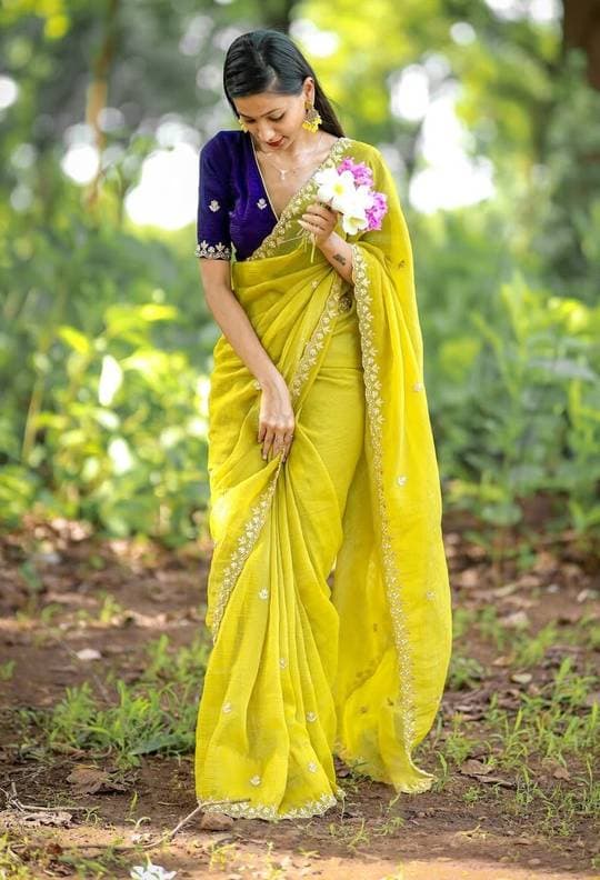 Crunchy Fabric Lemon Yellow saree with Embroidery work with Blouse | Trendy Party & Festive Wear | Traditional Ethnic Fashion | Buy Online 2