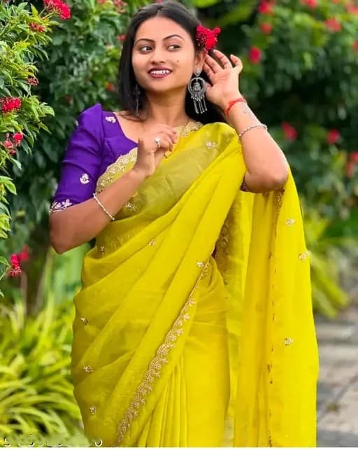 Crunchy Fabric Lemon Yellow saree with Embroidery work with Blouse | Trendy Party & Festive Wear | Traditional Ethnic Fashion | Buy Online 4