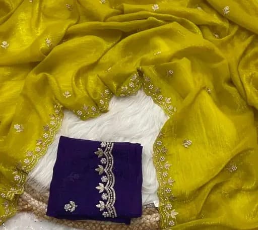 Crunchy Fabric Lemon Yellow saree with Embroidery work with Blouse | Trendy Party & Festive Wear | Traditional Ethnic Fashion | Buy Online 3