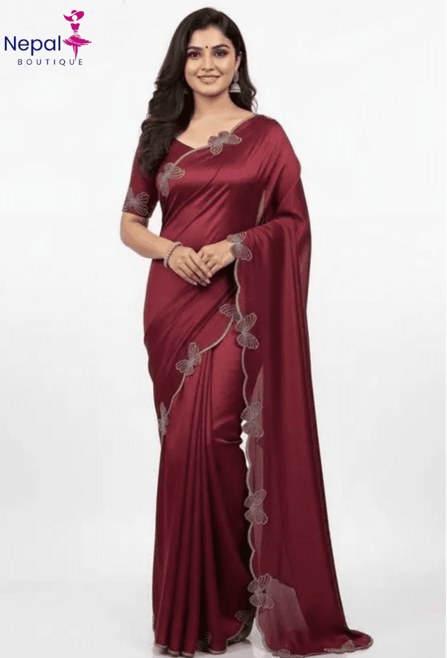 Trending Butterfly boarder saree with Embroidery work with Blouse in Maroon Color | Available in Multi color | Trendy Party & Festive Wear | Traditional Ethnic Fashion | Buy Online