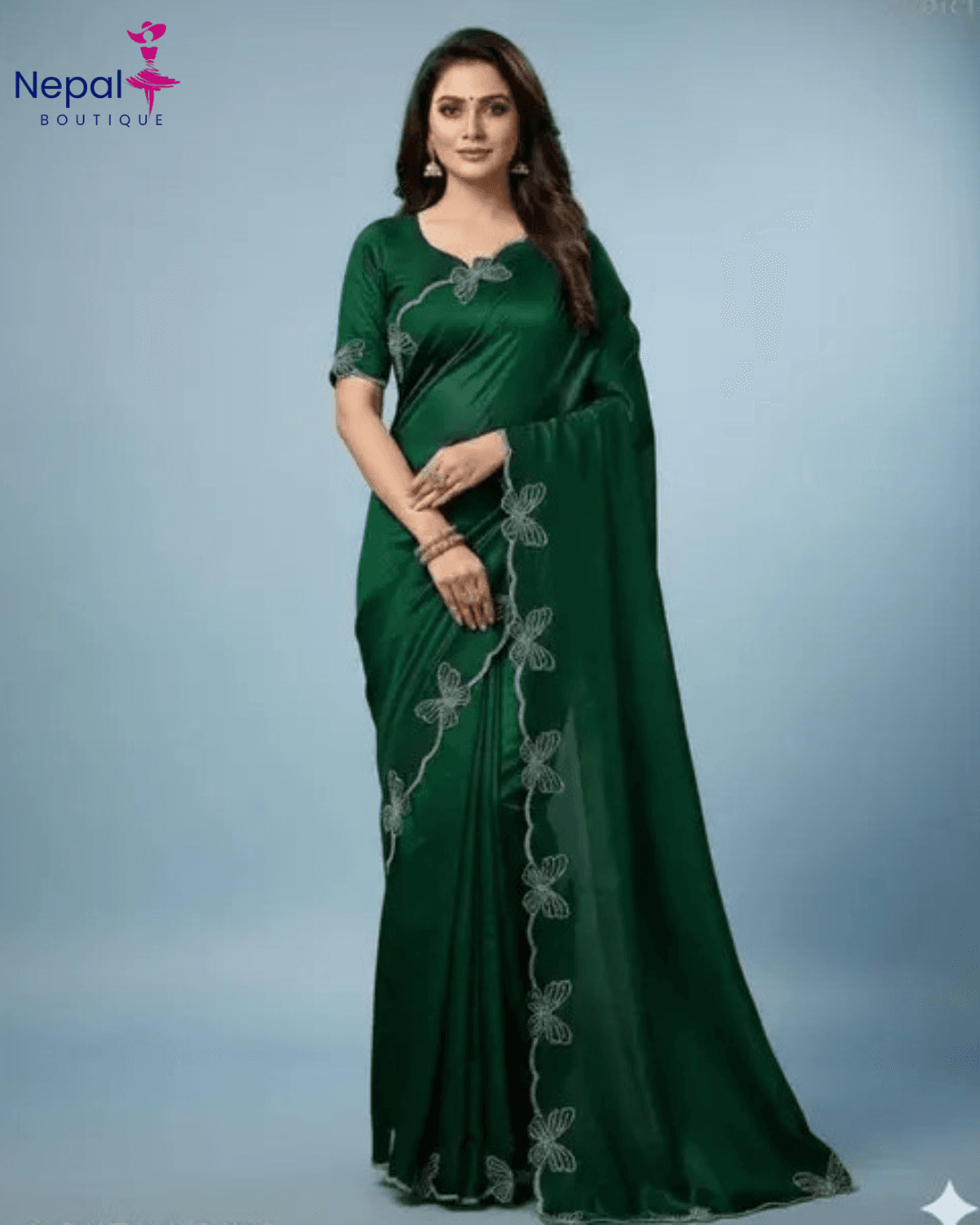 Trending Butterfly boarder saree with Embroidery work with Blouse in Green Color | Available in Multi color | Trendy Party & Festive Wear | Traditional Ethnic Fashion | Buy Online
