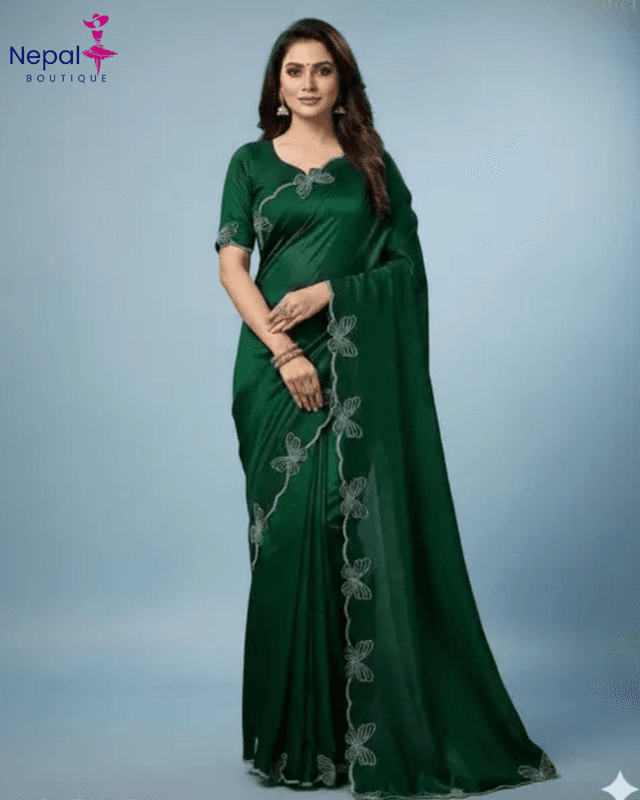 Trending Butterfly boarder saree with Embroidery work with Blouse in Green Color | Available in Multi color | Trendy Party & Festive Wear | Traditional Ethnic Fashion | Buy Online
