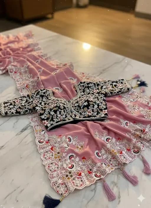 Latest Vichitra Silk Traditional Embroidery Bollywood Saree with unstiched blouse in Pink Color | Trendy Party & Festive Wear | Traditional Ethnic Fashion | Buy Online 4