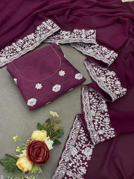 Amazing designer  Georgette Embroidered Elegant Purple color saree unstiched blouse /Trendy Party & Festive Wear | Traditional Ethnic Fashion | Buy Online 2