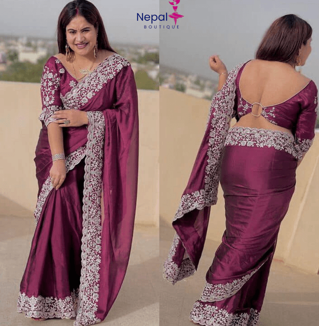 Amazing designer  Georgette Embroidered Elegant Purple color saree unstiched blouse /Trendy Party & Festive Wear | Traditional Ethnic Fashion | Buy Online