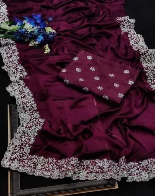Amazing designer  Georgette Embroidered Elegant Purple color saree unstiched blouse /Trendy Party & Festive Wear | Traditional Ethnic Fashion | Buy Online 3