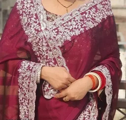 Amazing designer  Georgette Embroidered Elegant Purple color saree unstiched blouse /Trendy Party & Festive Wear | Traditional Ethnic Fashion | Buy Online 1