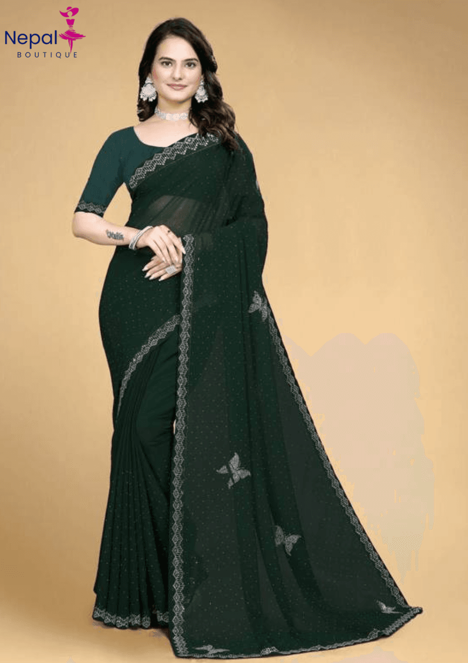 Trending Diamond Wok Designer Saree with Butterfly print with unstiched Blouse in Green Color| Trendy Party & Festive Wear | Traditional Ethnic Fashion | Buy Online