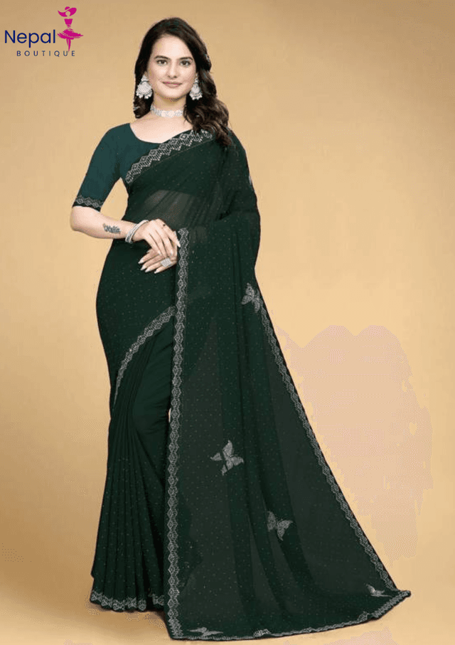 Trending Diamond Wok Designer Saree with Butterfly print with unstiched Blouse in Green Color| Trendy Party & Festive Wear | Traditional Ethnic Fashion | Buy Online
