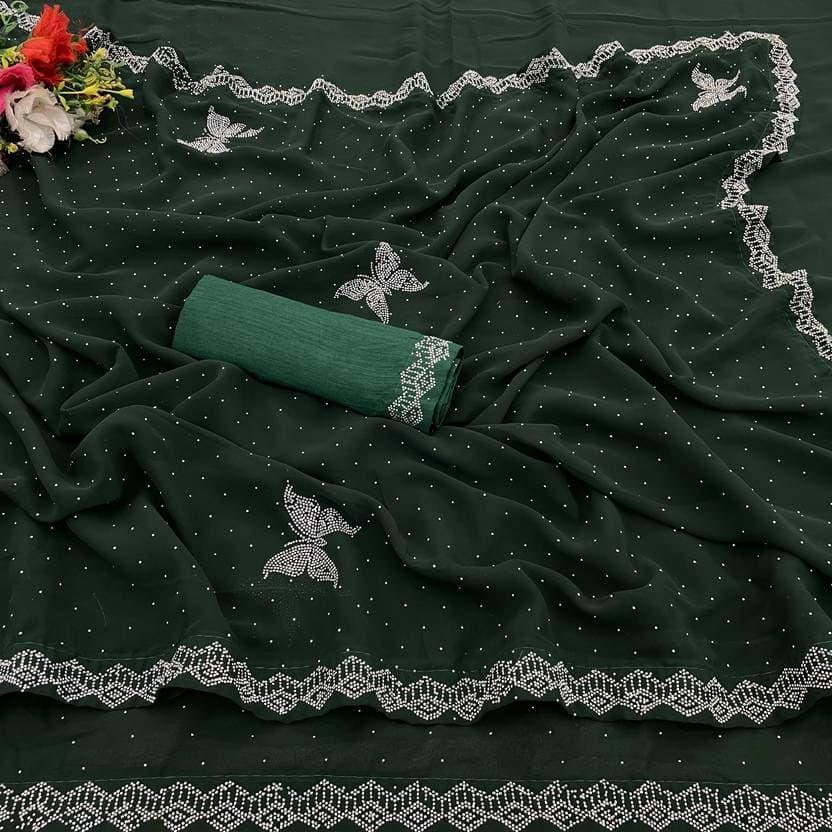 Trending Diamond Wok Designer Saree with Butterfly print with unstiched Blouse in Green Color| Trendy Party & Festive Wear | Traditional Ethnic Fashion | Buy Online 6