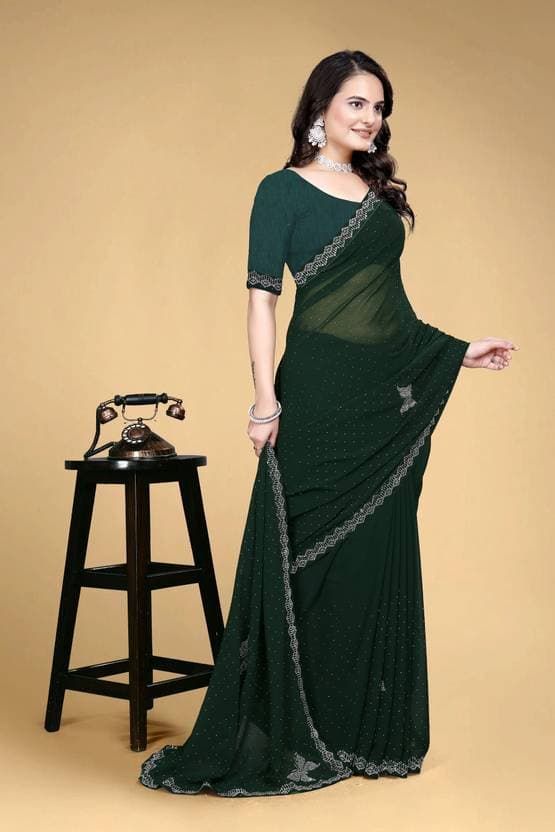Trending Diamond Wok Designer Saree with Butterfly print with unstiched Blouse in Green Color| Trendy Party & Festive Wear | Traditional Ethnic Fashion | Buy Online 1