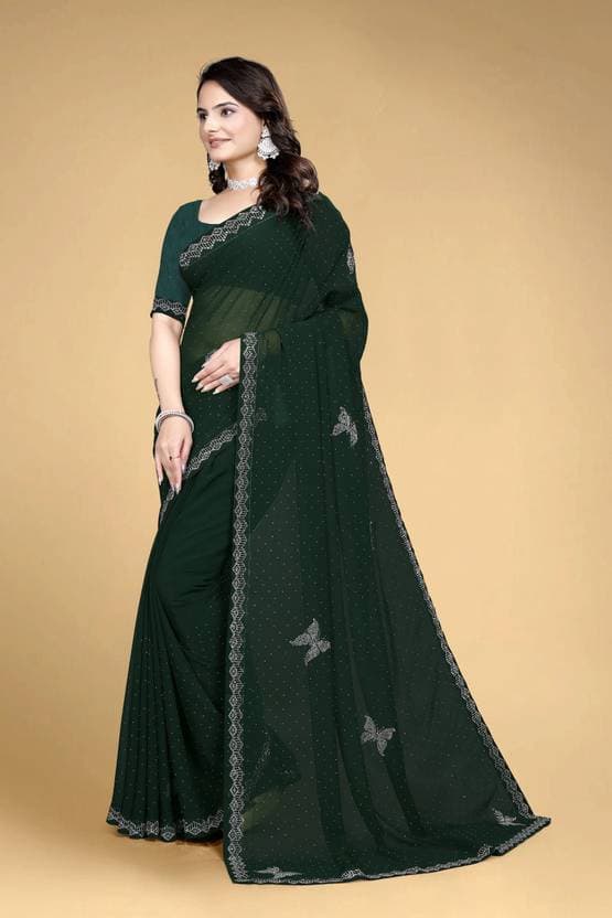 Trending Diamond Wok Designer Saree with Butterfly print with unstiched Blouse in Green Color| Trendy Party & Festive Wear | Traditional Ethnic Fashion | Buy Online 2