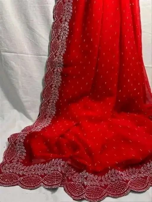 Trending Bollywood Georgette Saree with Embroidery Wok with unstiched Blouse in Red Color| Trendy Party & Festive Wear | Traditional Ethnic Fashion | Buy Online 3