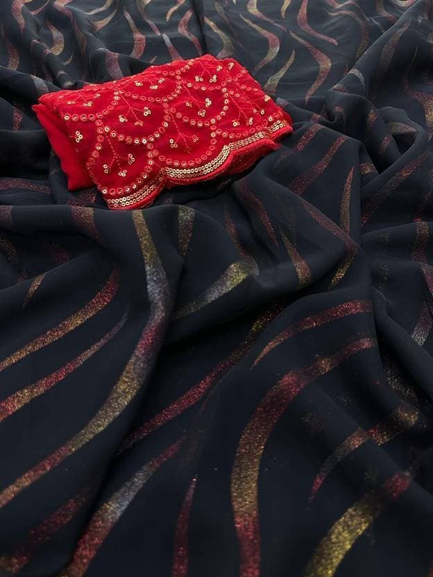 Womens Black Chiffon saree with beautiful smoke work with unstiched Blouse piece/Trendy Party & Festive Wear | Traditional Ethnic Fashion | Buy Online 5