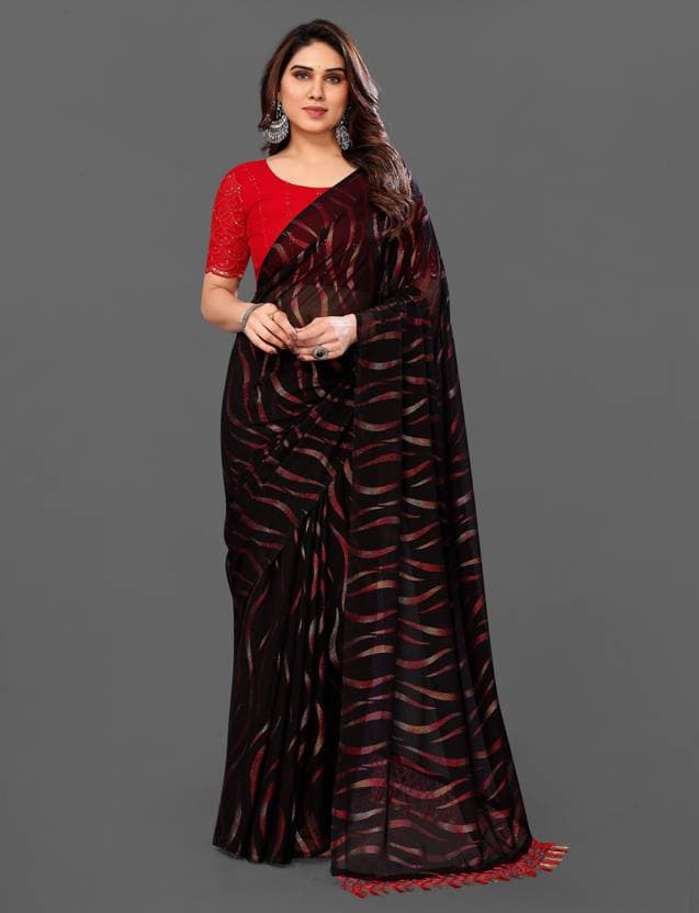 Womens Black Chiffon saree with beautiful smoke work with unstiched Blouse piece/Trendy Party & Festive Wear | Traditional Ethnic Fashion | Buy Online