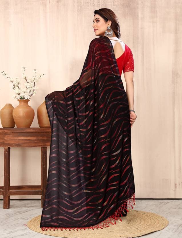 Womens Black Chiffon saree with beautiful smoke work with unstiched Blouse piece/Trendy Party & Festive Wear | Traditional Ethnic Fashion | Buy Online 1