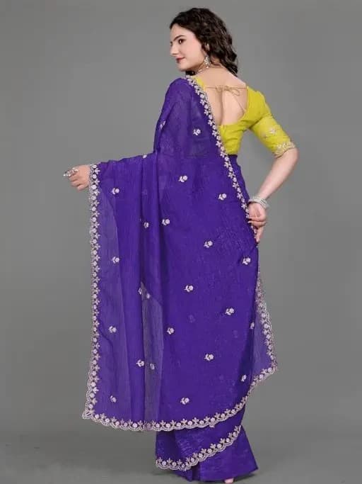 Crunchy Fabric Purple saree with Embroidery work with Blouse | Trendy Party & Festive Wear | Traditional Ethnic Fashion | Buy Online 2