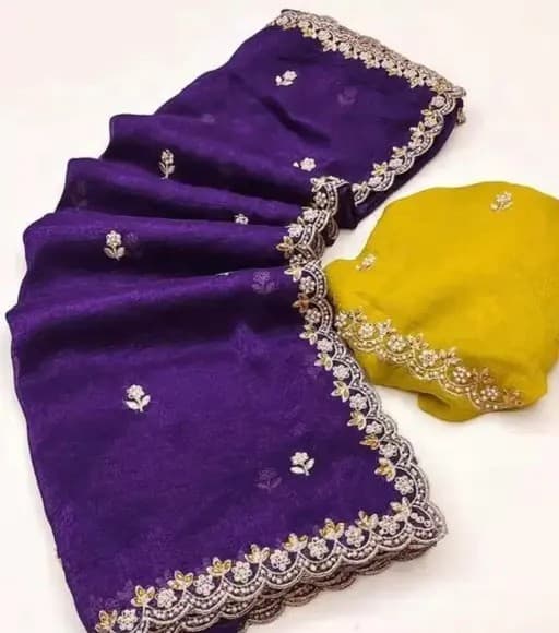 Crunchy Fabric Purple saree with Embroidery work with Blouse | Trendy Party & Festive Wear | Traditional Ethnic Fashion | Buy Online 6