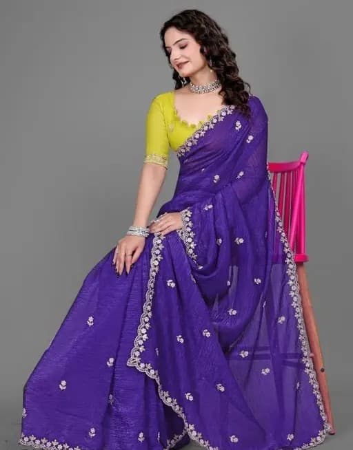 Crunchy Fabric Purple saree with Embroidery work with Blouse | Trendy Party & Festive Wear | Traditional Ethnic Fashion | Buy Online 3